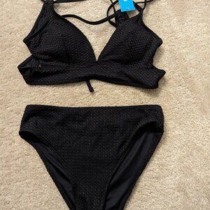 Midnight Textured V-Neck Top & Low-Rise Hipster Bikini Set